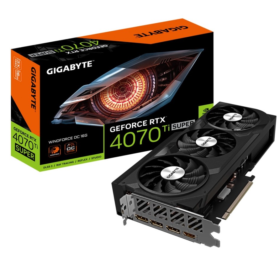 

Видеокарта PCI-E GIGABYTE GeForce RTX 4070 Ti SUPER WINDFORCE OC (GV-N407TSWF3OC-16GD) 16GB GDDR6X 256bit 5nm 2340/21000MHz HDMI/3*DP, GeForce RTX 4070 Ti SUPER WINDFORCE OC (GV-N407TSWF3OC-16GD)