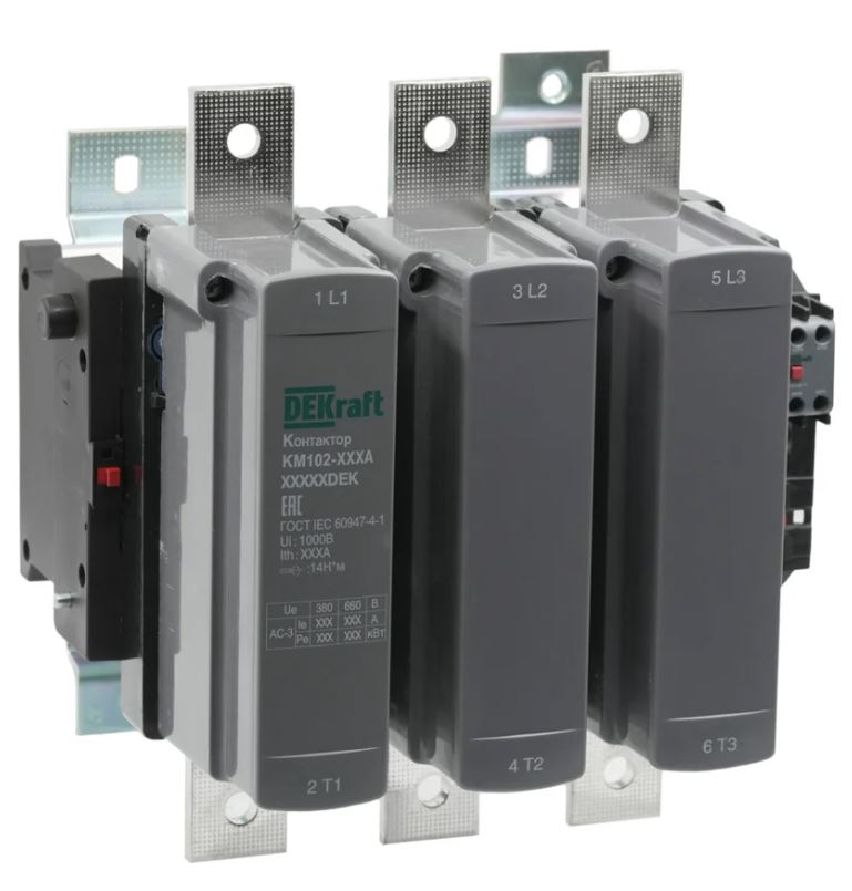 

Контактор DEKraft 21972DEK 630А 110В_АС АС3_ АС4 1НО+1НЗ КМ-102, 21972DEK