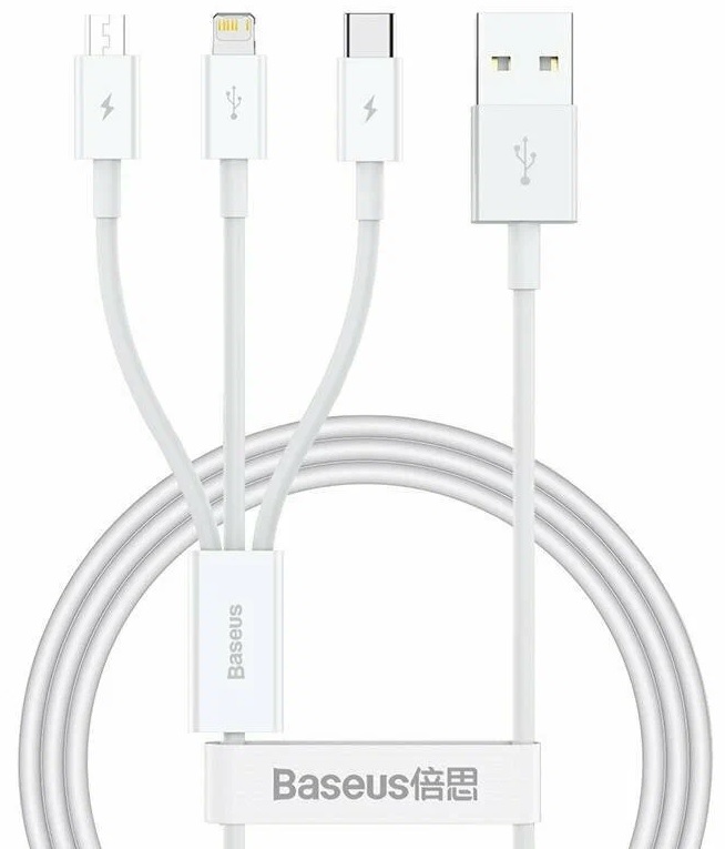 

Кабель интерфейсный Baseus P10320105221-01 Superior Series Fast Charging Data USB to M+L+C 3.5A 0.5m Stellar White, P10320105221-01
