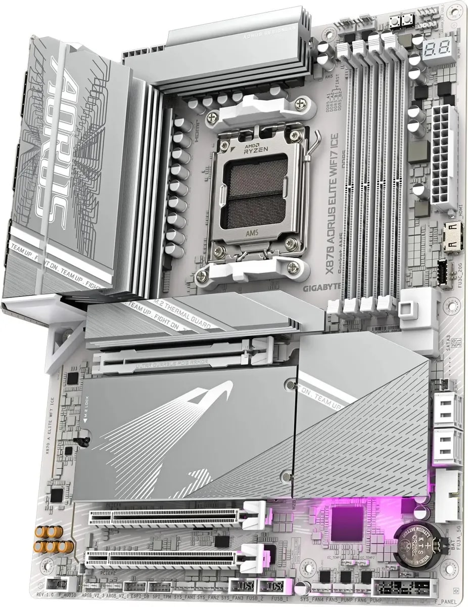 

Материнская плата ATX GIGABYTE X870 AORUS ELITE WIFI7 ICE 1.1 (AM5, AMD X870, 4*DDR5 (8200), 4*SATA 6G RAID, WiFi, BT, 2*USB4, 6*USB 3.2, 4*USB 2.0, H, X870 AORUS ELITE WIFI7 ICE 1.1