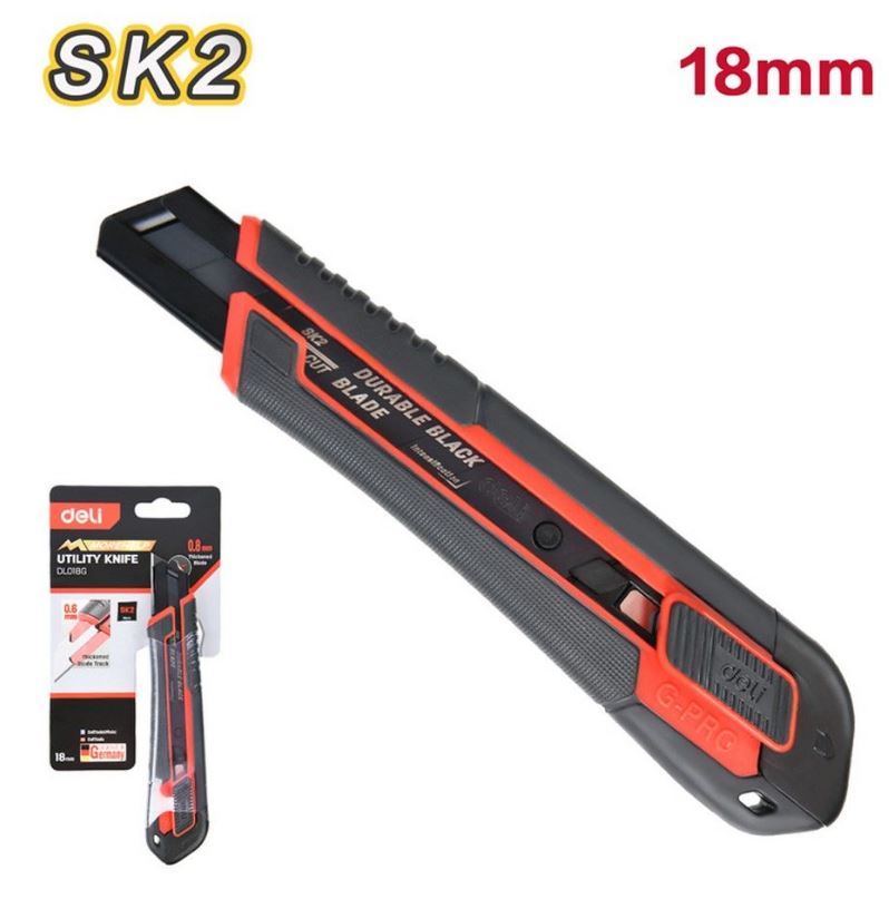 

Нож Deli DL018G технический 18мм, полностью прорезиненный ударопрочный корпус, автоматическая блокировка, DL018G