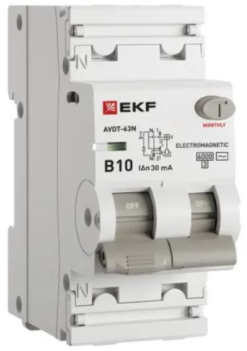 

Автомат дифференциальный EKF D63N26M10B30 АВДТ-63N 1P+N 10А (B) 30мА (AC) эл-мех 6кА PROXIMA, D63N26M10B30