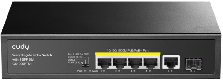

Коммутатор неуправляемый Cudy GS1005PTS1 5-Port 10/100/1000M PoE+ 120W, 4-Port 10/100/1000M PoE+ ports, 120 watts total PoE budget, 60 watts for port, GS1005PTS1