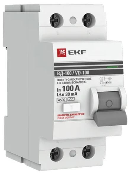 

УЗО EKF elcb-2-100-30-em-pro ВД-100 2P 100А 30мА тип АС электромеханический 4,5кА PROXIMA, elcb-2-100-30-em-pro
