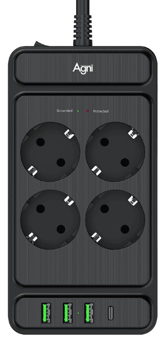 

Сетевой фильтр AGNI TP-FS4U4E-PD-2m-black 4 розетки, 16А, 4000Вт, 220-250В, 2 м, 3x1,5mm2, 3*USB, Type-C, черный, TP-FS4U4E-PD-2m-black