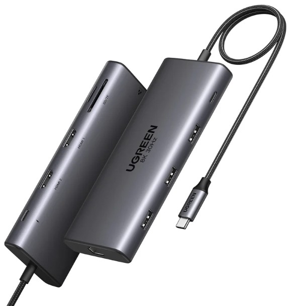 Конвертер UGREEN CM639 35625_ 8-in-1 4K/60Hz USB-C to 2*USB-A 3.2+2*USB-C 3.2+2*HDMI+DP+PD port. Цвет: серый