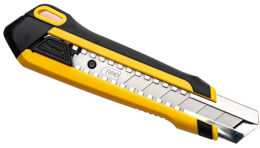 

Нож Deli DL025 технический 25мм, ударопрочный обрезиненный корпус, автоматическая блокировка, DL025