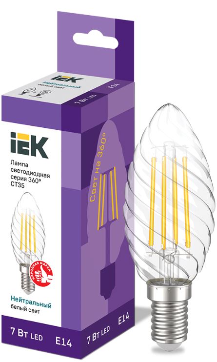 

Лампа светодиодная IEK LLF-CT35-7-230-40-E14-CL филаментная CT35 свеча витая 7Вт 230В 4000К E14 серия 360°, LLF-CT35-7-230-40-E14-CL
