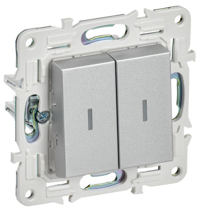 

Выключатель двухклавишный с подсветкой IEK SK-V20-1-10-K23 SKANDY 10А SK-V09S Серебряный, SK-V20-1-10-K23