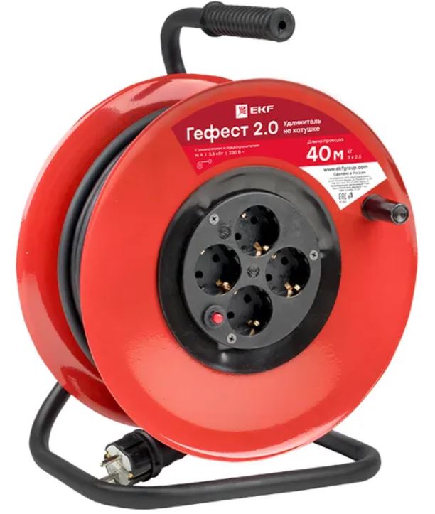 

Удлинитель на катушке EKF UKG02-16-R325-4-50 "Гефест 2.0" 4 гнезда 50м с заземлением и предохранителем КГ 3*2,5 16А/3,5кВт PROxima, UKG02-16-R325-4-50