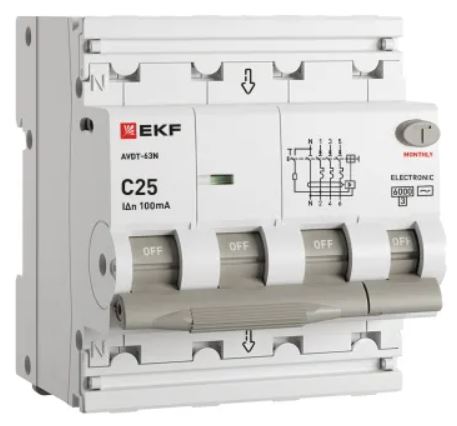 

Автомат дифференциальный EKF D63N46E25C100 АВДТ-63N 3P+N 25А характеристика C 100мА тип AC электронный 6кА PROXIMA, D63N46E25C100