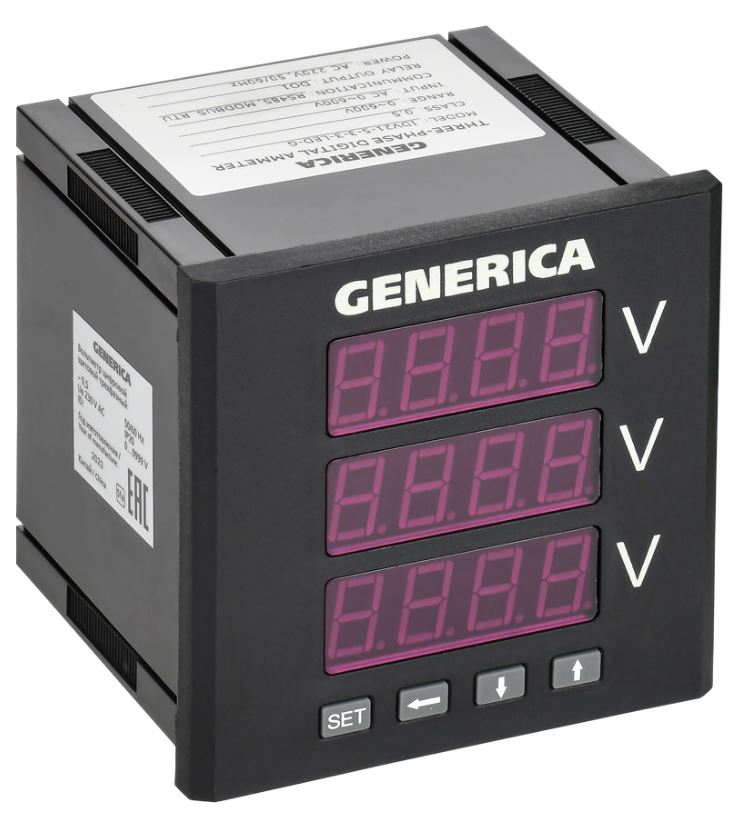 

Вольтметр GENERICA IDV21-5-3-3-LED-G цифровой щитовой трехфазный DO RS-485 96х96мм LED, IDV21-5-3-3-LED-G
