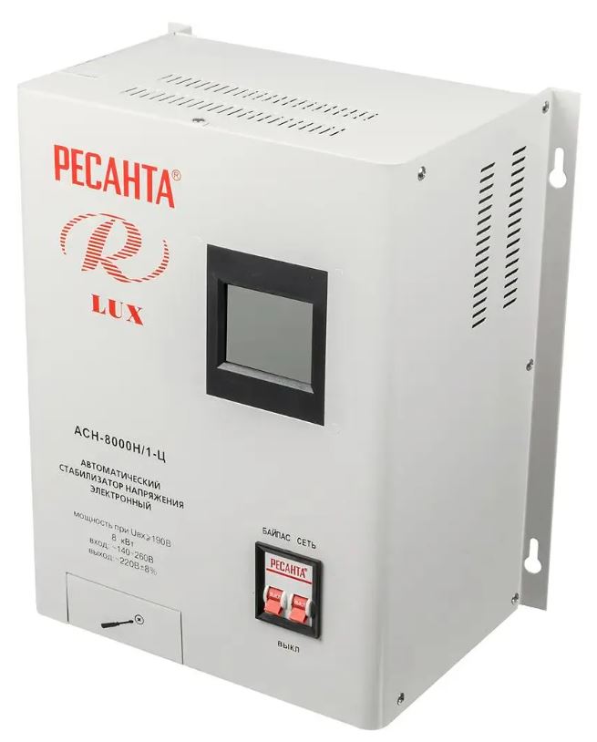 

Стабилизатор Ресанта 63/6/17 АСН-8000 Н/1-Ц однофазный, цифровой 220В 8000Вт вх.:140-260В, 63/6/17