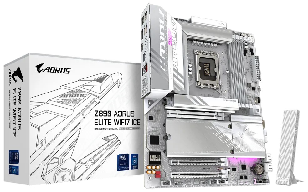 

Материнская плата ATX GIGABYTE Z890 AORUS ELITE WIFI7 ICE (LGA1851, Z890, 4*DDR5 (5600), 4*SATA 6G RAID, 4*M.2, 3*PCIe, WiFi, BT, 5*USB 3.2, 4*USB 2.0, Z890 AORUS ELITE WIFI7 ICE