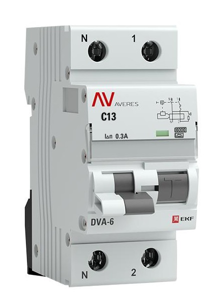 

Автомат дифференциальный EKF rcbo6-1pn-13C-300-a-av DVA-6 1P+N 13А (C) 300мА (A) 6кА AVERES, rcbo6-1pn-13C-300-a-av