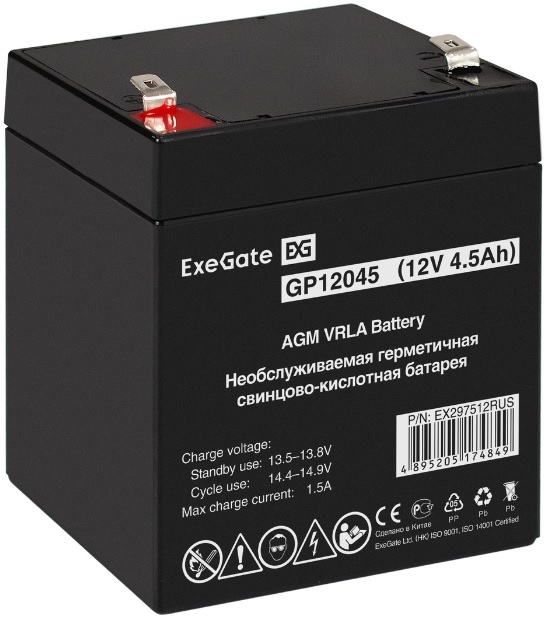 

Батарея аккумуляторная Exegate GP12045 EX297512RUS (12V 4.5Ah, клеммы F2), GP12045