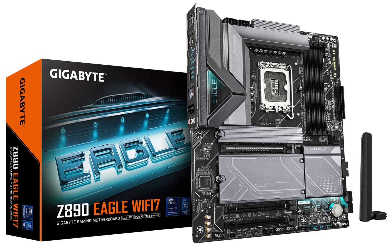 

Материнская плата ATX GIGABYTE Z890 EAGLE WIFI7 (LGA1851, Z890, 4*DDR5 (5600), 4*SATA 6G RAID, PCIe, 4*M.2, WiFi, BT, 5*USB 3.2, 4*USB 2.0, USB Type-C, Z890 EAGLE WIFI7