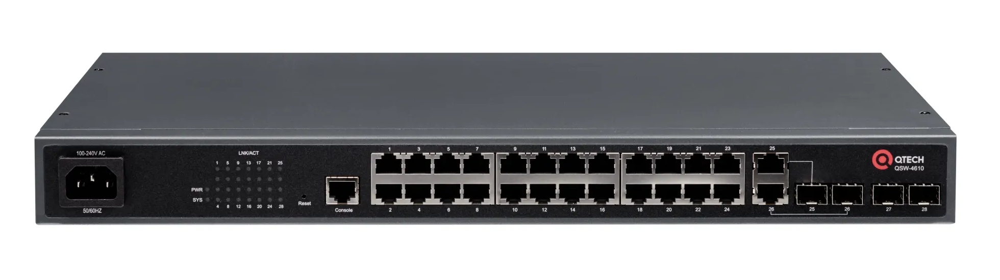 

Коммутатор управляемый QTECH QSW-4610-28T-AC L2, 24*10/100/1000BASE-TX, 4*100/1000Base-X SFP, 16K MAC-адресов, 4К VLAN, 8 Queue, 100-240V АС, QSW-4610-28T-AC