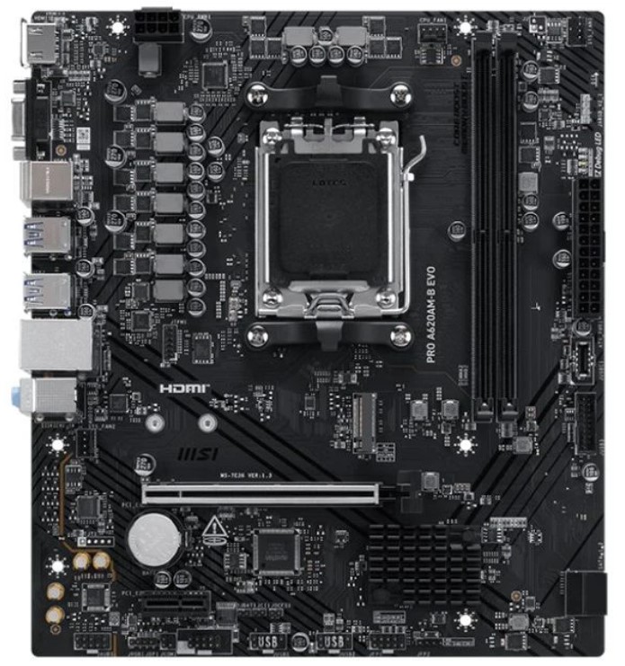 

Материнская плата mATX MSI PRO A620AM-B EVO (AM5, AMD A620, 2*DDR5, PCIe, M.2, 2*SATA, 6*USB 3.2, USB Type-C, 6*USB 2.0, VGA, HDMI), PRO A620AM-B EVO