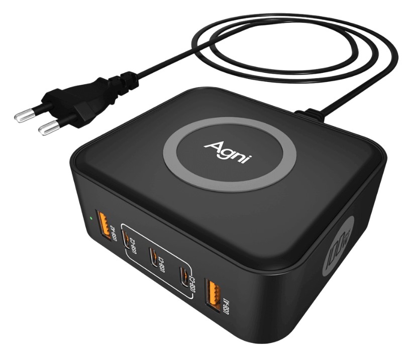 

Зарядное устройство AGNI TP-CA02-E-GaN-black 5А, 15Вт, 220-250В, 1,5 м, 2x0,5mm2, 3*USB, Type-C, беспроводная зарядка, черный, TP-CA02-E-GaN-black