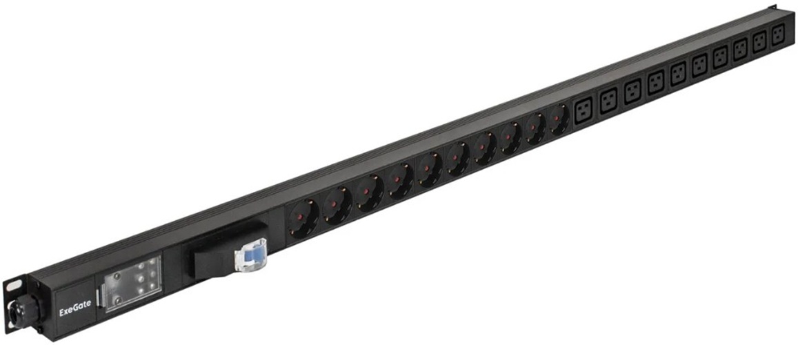 Блок розеток Exegate EX300290RUS вертикальный с автоматом защиты, ServerPro PDU-V219 Al-10C1910S-T-1P (19", 1U, Алюминий, 10*IEC 320 C19, 10*EU/Тип F(