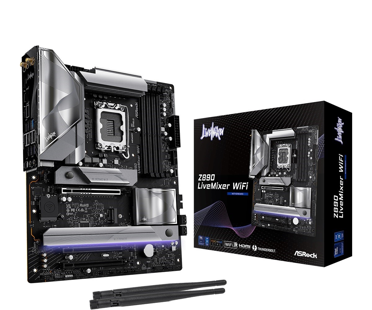 

Материнская плата ATX ASRock Z890 LIVEMIXER WIFI (LGA1851, Z890, 4*DDR5 (9466), 3*PCIe, 4*M.2, 4*SATA, 10*USB 3.2, 2*USB Type-C, WiFi, BT, HDMI), Z890 LIVEMIXER WIFI