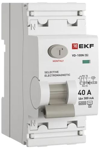 

УЗО EKF E1026MS40300 ВДТ ВД-100N (S) 2P 40А 300мА AC эл-мех 6кА PROXIMA, E1026MS40300