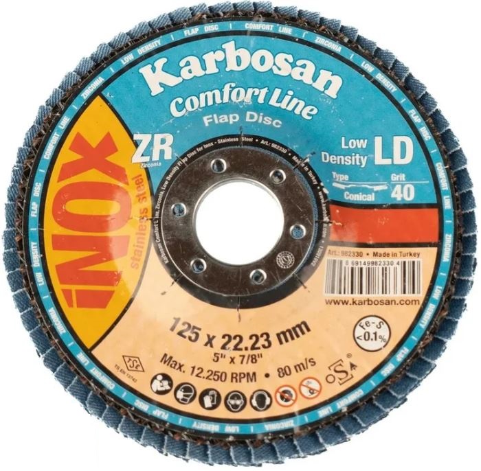 

Круг лепестковый ООО САМ KAR-982330-10 Karbosan КЛТ 125х22/Р40 Comfort Line ZR LD Flap Конический INOX 10шт, KAR-982330-10