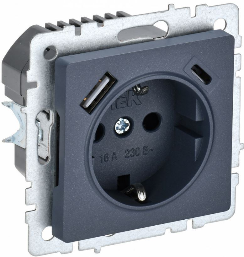 

Розетка с заземлением IEK BR-R14-16-U22-018-K35 BRITE с защитными шторками 16А с USB A+C 18Вт РЮш11-1-БрМ Маренго, BR-R14-16-U22-018-K35