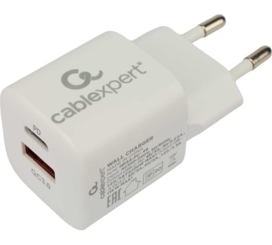 

Зарядное устройство сетевое Cablexpert MP3A-PC-46 20Вт, 3А, QC3.0/PD, 2 порта: USB и Type-C, белый, пакет, м