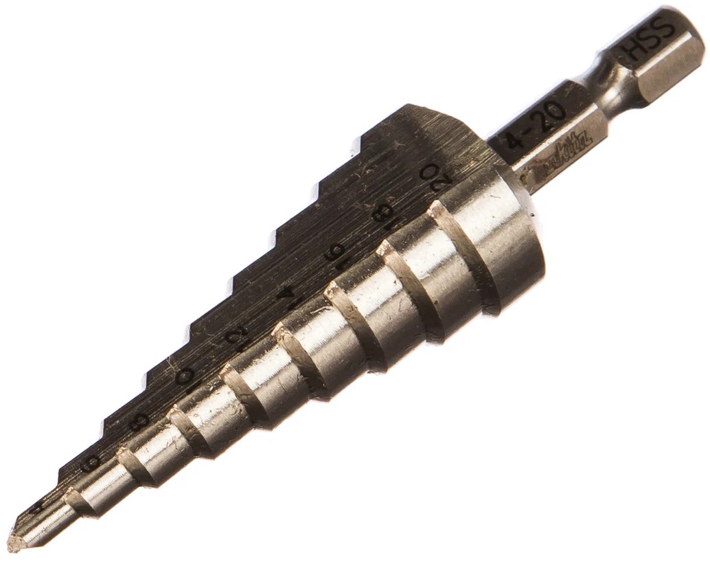 

Сверло Makita D-40098 ступенчатое HSS, 9 ступеней, ф4-20мм, 1 шт, хв-6-ти гран 1\4", D-40098