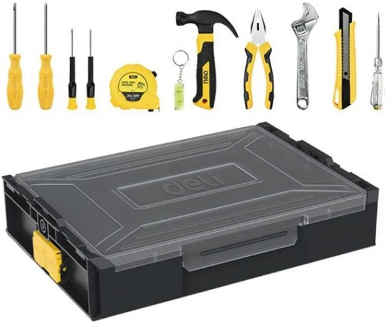 Изображение товара Набор инструментов Deli DL1211 в пластиковом кейсе для домашнего ремонта