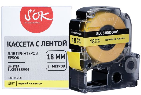 

Лента Sakura SLC53S655003 с лентой C53S655003 (LK-5YBP) для Epson LW400/LW700/LW600P/LW1000P/K400/Z700/Z800, черный на желтом, 18мм/8м, пастельная, SLC53S655003