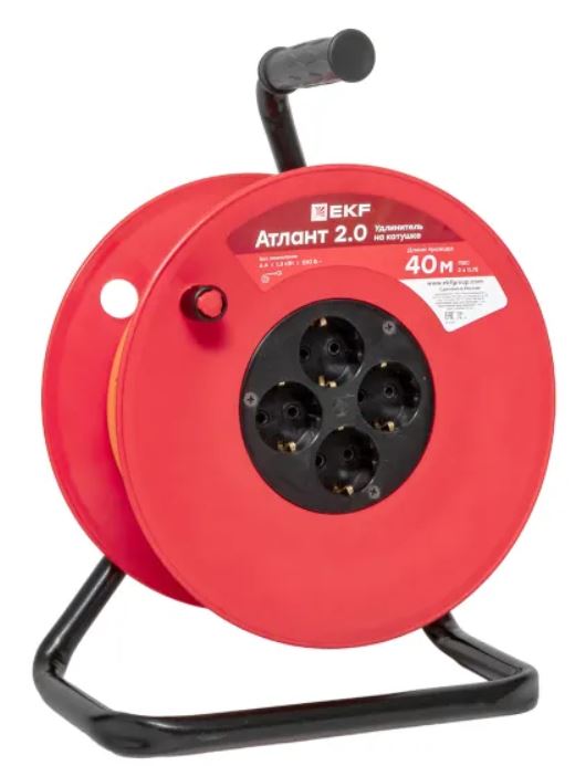

Удлинитель на катушке EKF UKA02-06-275-4-40 "Атлант 2.0" 4 гнезда 40м без заземления ПВС 2*0,75 6А/1,3кВт PROxima, UKA02-06-275-4-40