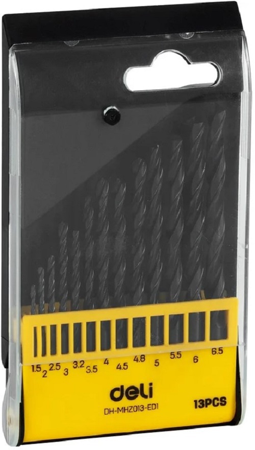 

Набор сверл Deli DH-MHZ013-ED1 по металлу HSS (1,5-6,5мм, 13 шт) пластиковый кейс, DH-MHZ013-ED1
