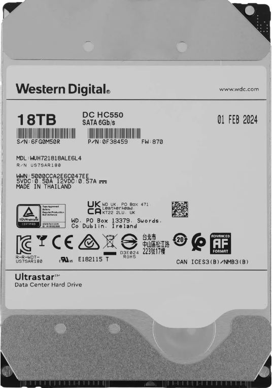 

Жесткий диск 18TB SATA 6Gb/s Western Digital WUH721818ALE6L4 0F38467 Server Ultrastar DC HC550 3.5" 7200rpm 512MB, WUH721818ALE6L4