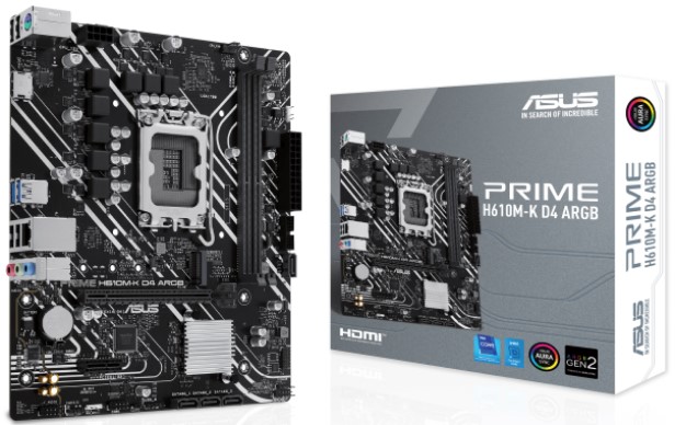 

Материнская плата mATX ASUS PRIME H610M-K D4 ARGB 90MB1HN0-M0EAY0 (LGA1700, H610, 2*DDR4 (3200), PCIe, M.2, 4*SATA, 2*USB 3.2, 4*USB 2.0, HDMI, VGA), PRIME H610M-K D4 ARGB