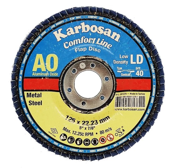 

Круг лепестковый ООО САМ KAR-981370 Karbosan КЛТ 125х22/Р40 Comfort Line AO LD Flap Конический, KAR-981370