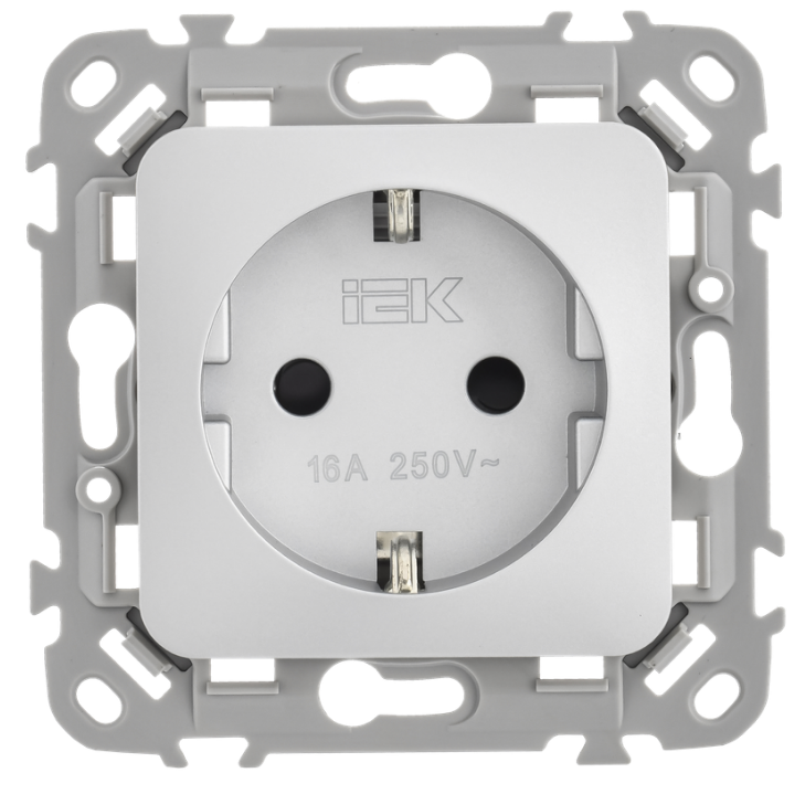 

Розетка с заземлением IEK FI-R14-16-1-K47 FLITE с защитными шторками безвинтовое крепление 16А РСш11-1-ФлА алюминий, FI-R14-16-1-K47