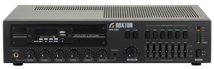 

Усилитель Roxton MX-480 комбинированный 480 Вт, 3 микр.+ 3 унив. входа, 5 зон, работа с RM-05, MX-480