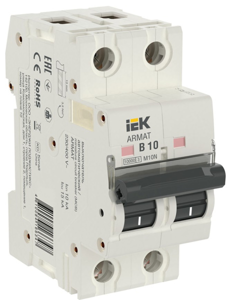 Изображение товара Автоматический выключатель IEK AR-M10N-2-B010 10 А двухполюсный для защиты цепей