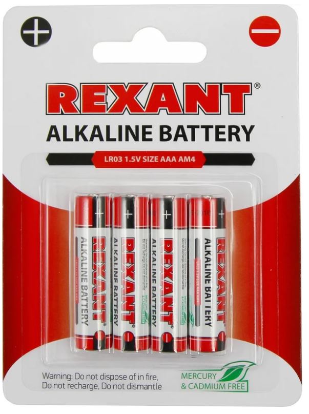 

Батарейка Rexant 30-1012 алкалиновая AAA/LR03, 1,5В, мизинчиковая, 4 шт, блистер, 30-1012