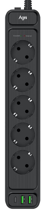 

Сетевой фильтр AGNI TP-FS3U5E-PD-3m-black 5 розеток, 16А, 4000Вт, 220-250В, 3 м, 3x1,5mm2, 2*USB, Type-C, черный, TP-FS3U5E-PD-3m-black