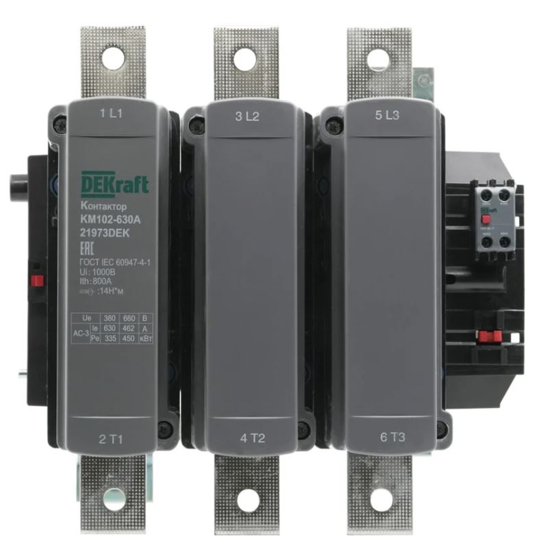 

Контактор DEKraft 21973DEK 630А 220В_АС АС3_ АС4 1НО+1НЗ КМ-102, 21973DEK