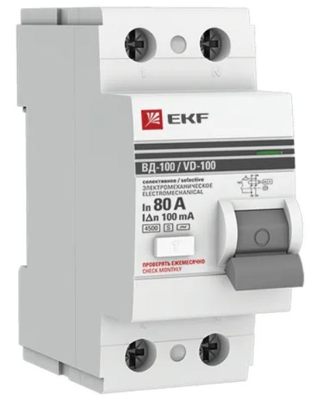

УЗО EKF elcb-2-80-100S-em-pro ВД-100 2P (S) 80А 100мА тип АС электромеханический 4,5кА селективный PROXIMA, elcb-2-80-100S-em-pro