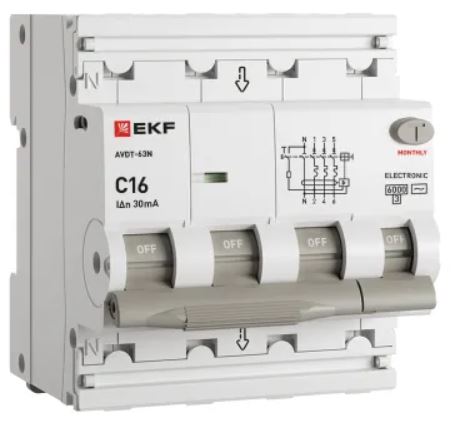 

Автомат дифференциальный EKF D63N46E16C30 АВДТ-63N 3P+N 16А характеристика C 30мА тип AC электронный 6кА PROXIMA, D63N46E16C30