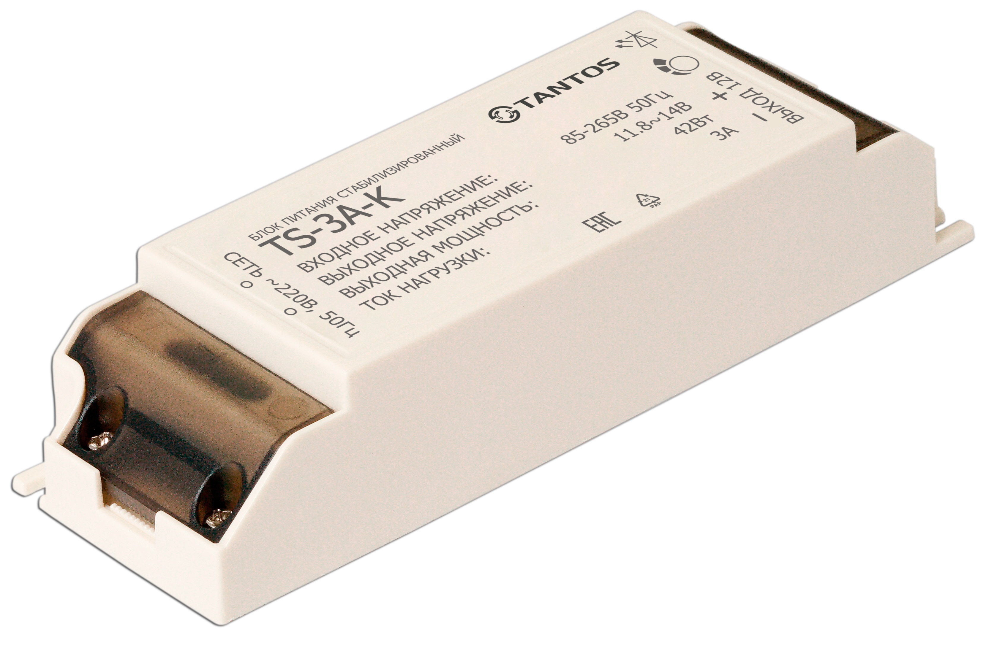 

Блок питания Tantos TS-3A-K стабилизированный, 12В, 3А, 85-265В 50Гц, пластиковый корпус, TS-3A-K