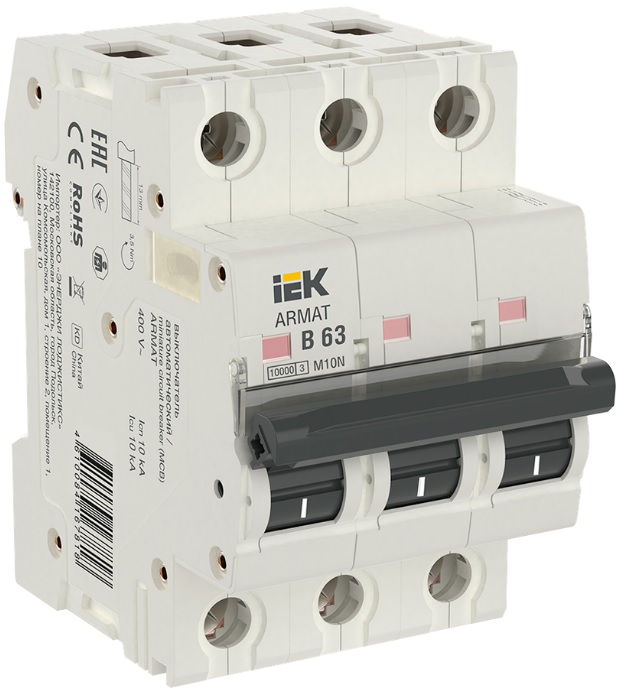 

Автоматический выключатель IEK AR-M10N-3-B063 ARMAT M10N 3P B 63А, AR-M10N-3-B063