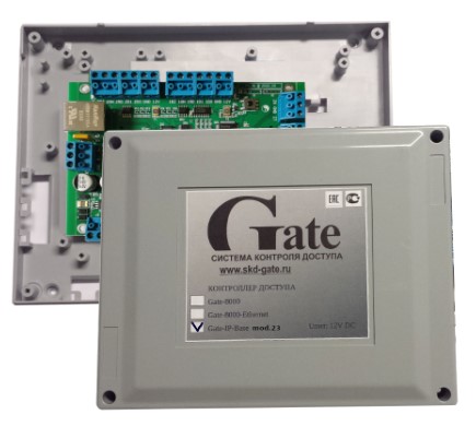Контроллер Gate Gate-IP-Base mod.23 Контроллер базовый Ethernet 10/100 Мбит/с, розетка RJ-45; 2 входа считывателей Wiegand; 32 тыс. ключей, 47 тыс. со