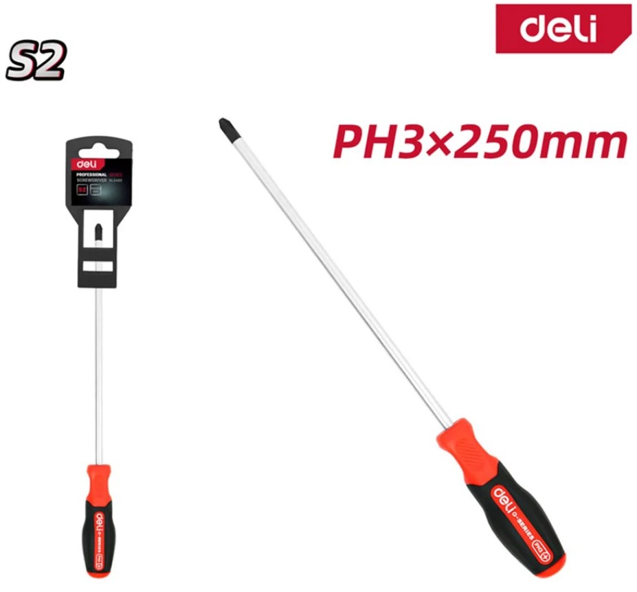 

Отвертка крестовая Deli DL3465 PH3x250мм сталь S2, матовый стержень, двухкомпонентная прорезиненная рукоять, DL3465